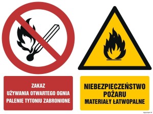 GM001 Zakaz używania otwartego ognia Palenie tytoniu zabronione Niebezpieczeństwo pożaru Materiały łatwopalne