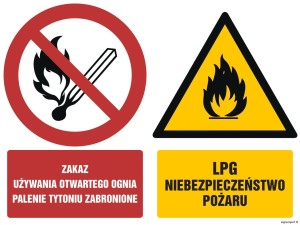 GM003 Zakaz używania otwartego ognia Palenie tytoniu zabronione LPG Niebezpieczeństwo pożaru