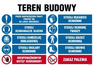 OI016 Teren budowy, Przed rozpoczęciem pracy podpisz się na liście obecności, Stosuj rękawice, ochraniacze słuchu, kamizelkę odblaskową
