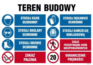 OI018 Teren budowy, Stosuj kask ochronny, Stosuj rękawice ochronne, Stosuj okulary ochronne, Stosuj kamizelkę ochronną