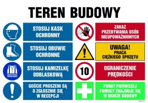 OI023 Teren budowy, Stosuj kask ochronny, Zakaz przebywania osób nieupoważnionych, Stosuj obuwie ochronne