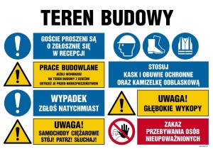 OI024 Teren budowy, Goście proszeni są o zgłoszenie się w recepcji, Prace budowlane, Wypadek zgłoś natychmiast