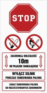 SB019 Zachowaj odległość 10 m od pojazdu tankującego. Wyłącz silnik podczas tankowania paliwa
