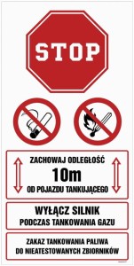 SB020 Zachowaj odległość 10 m od pojazdu tankującego. Wyłącz silnik podczas tankowania gazu