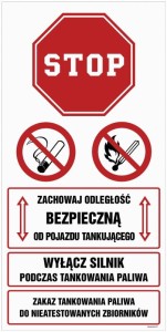 SB021 Zachowaj bezpieczną odległość od pojazdu tankującego. Wyłącz silnik podczas tankowania paliwa