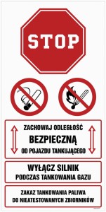 SB022 Zachowaj bezpieczną odległość od pojazdu tankującego. Wyłącz silnik podczas tankowania gazu