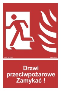 BB011 Drzwi przeciwpożarowe Zamykać! Kierunek drogi ewakuacyjnej w lewo