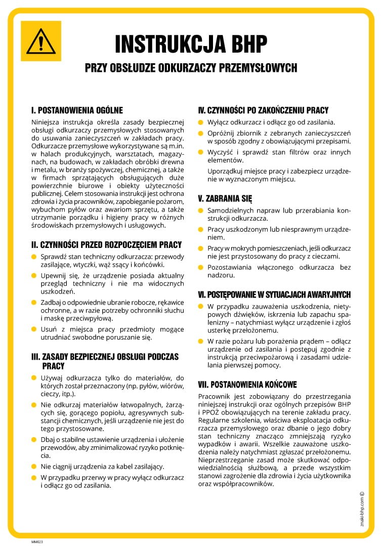 Instrukcja BHP przy obsłudze odkurzaczy przemysłowych