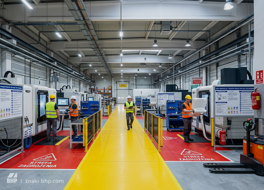 Oznakowanie hal produkcyjnych: linie, piktogramy i tablice technologiczne